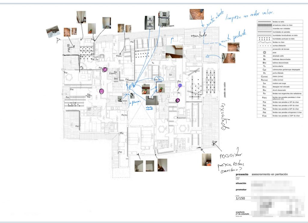 Plano arquitectónico con toma de datos anotando observaciones técnicas y fotos de daños en la edificación.